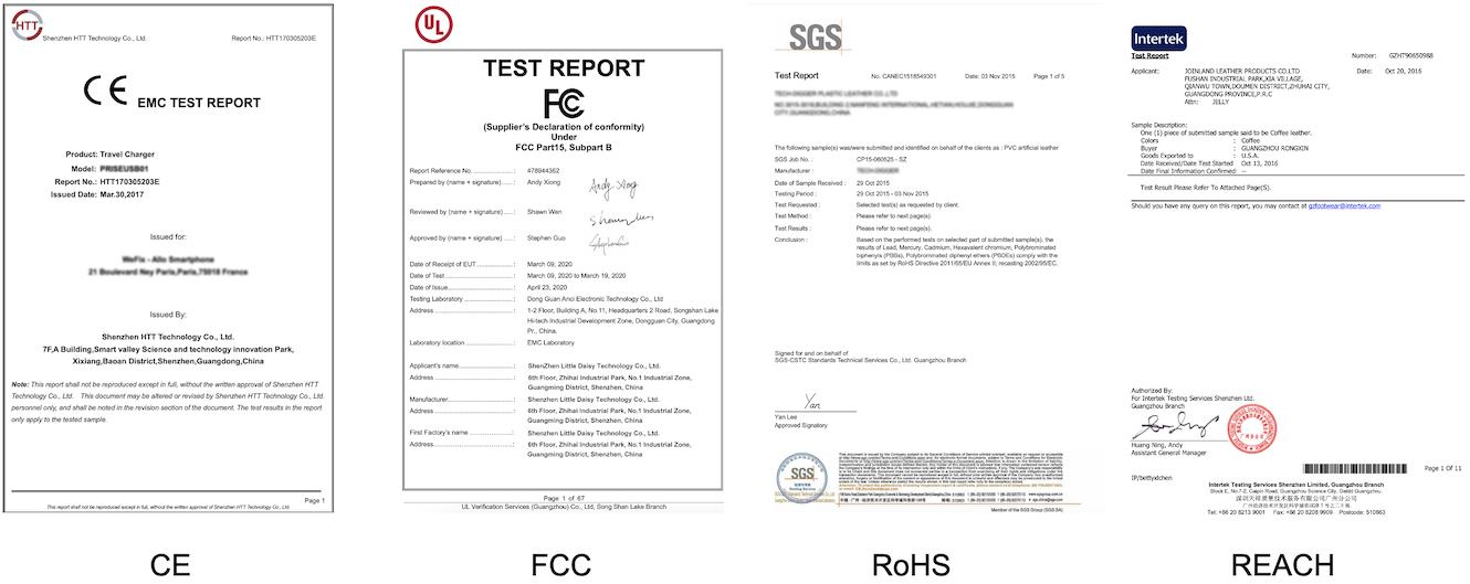 CE, FCC, RoHS and REACH third-party test report covers