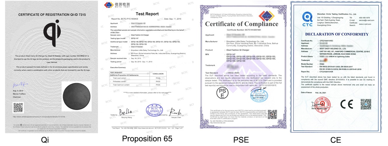 Qi wireless charging registration, California Proposition 65 report, PSE certificate of compliance and CE declaration of conformity