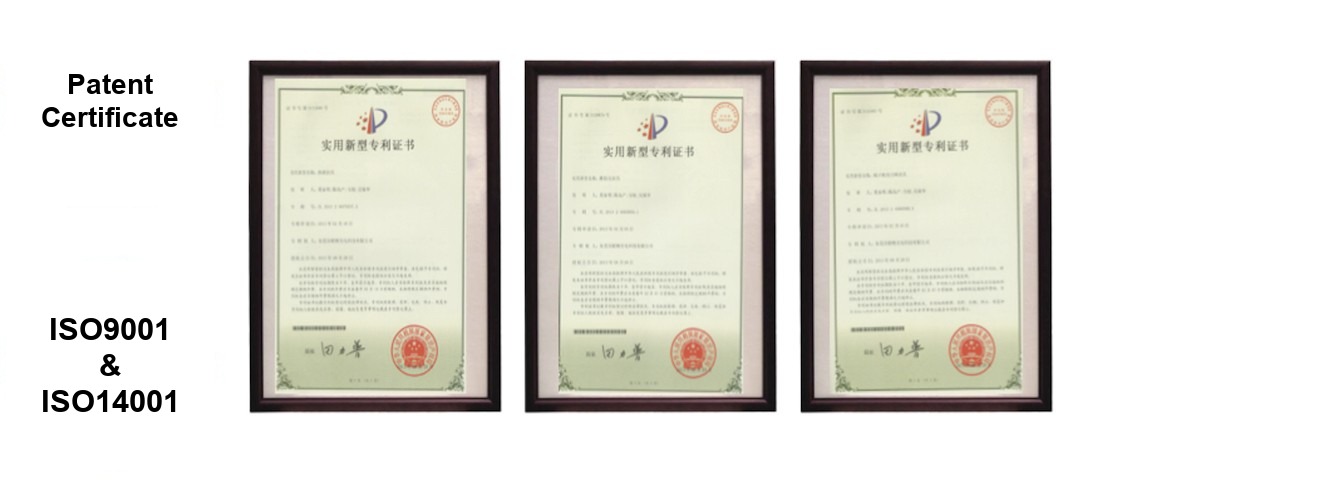 Utility model patent certificates and ISO 9001 / ISO 14001 registrations